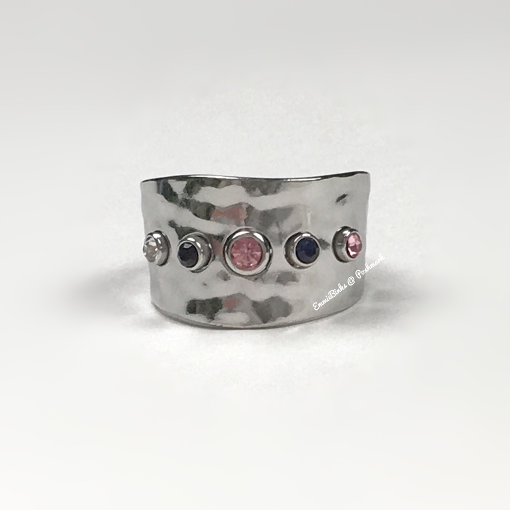New Free People Silver Textured Open Cuff Cubic Zirconia Statement Ring - Picture 6 of 16
